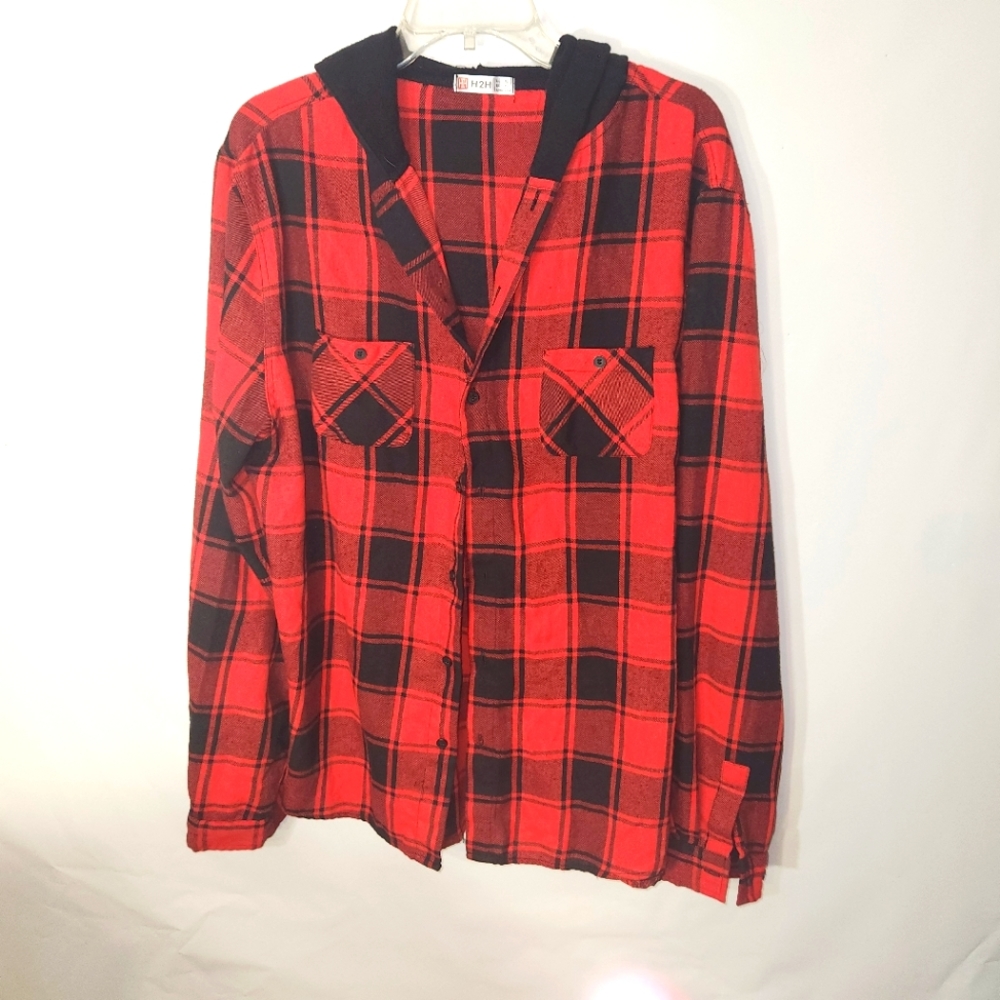 H2H red and black buffalo plaid button up shacket shirt size xl